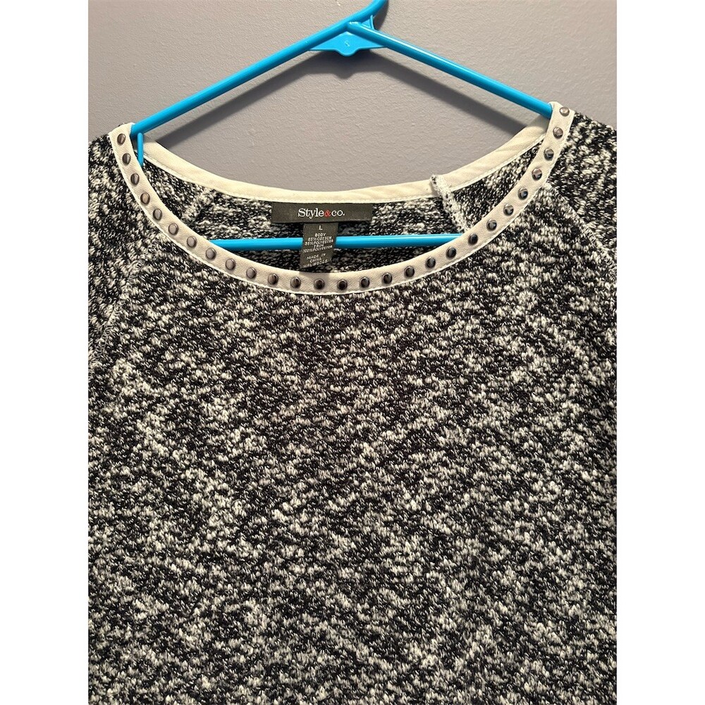 3/$15 Style & Co Sweater Womens Size L Black White Marled Knit Tunic Stud Trim - Picture 4 of 7
